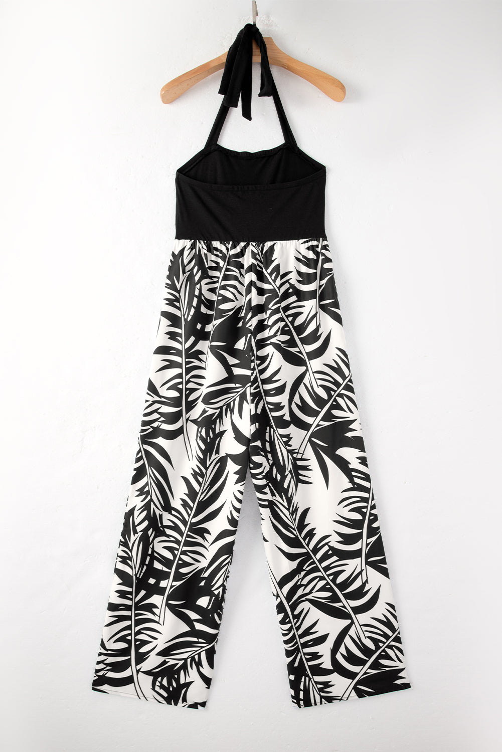 Black Halter Tropical Plant Print Wide Leg Jumpsuit