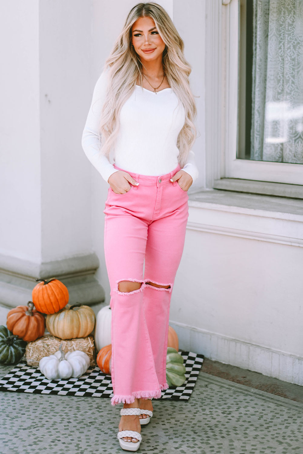 Pink Vintage High Waist Flare Leg Ripped Raw Hem Jeans