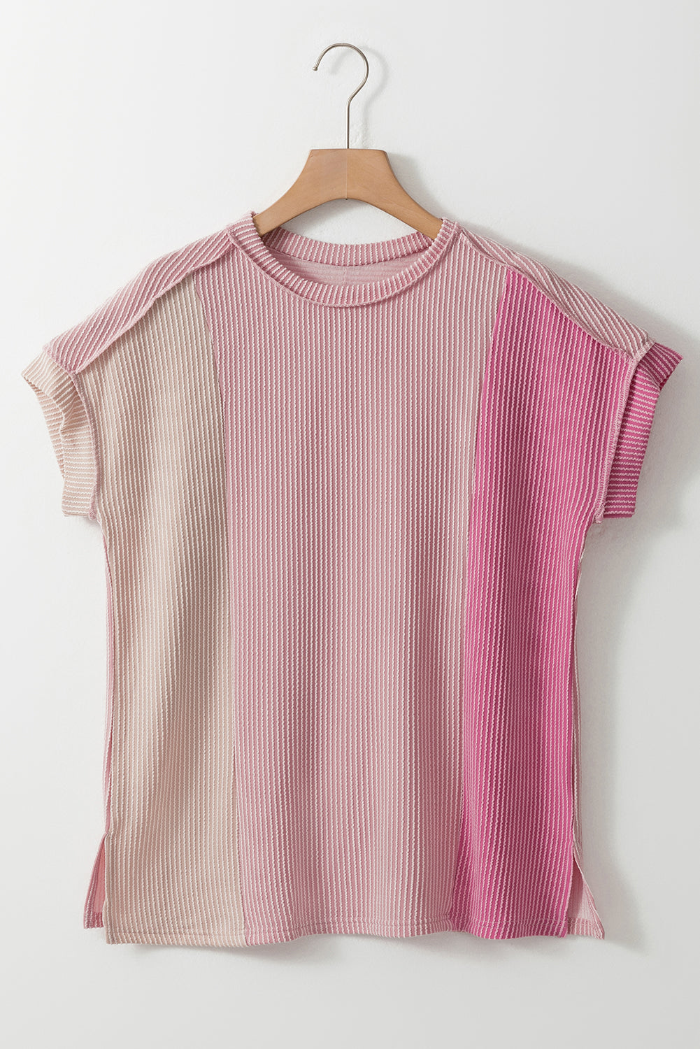 Pink Textured Colorblock Crew Neck T Shirt