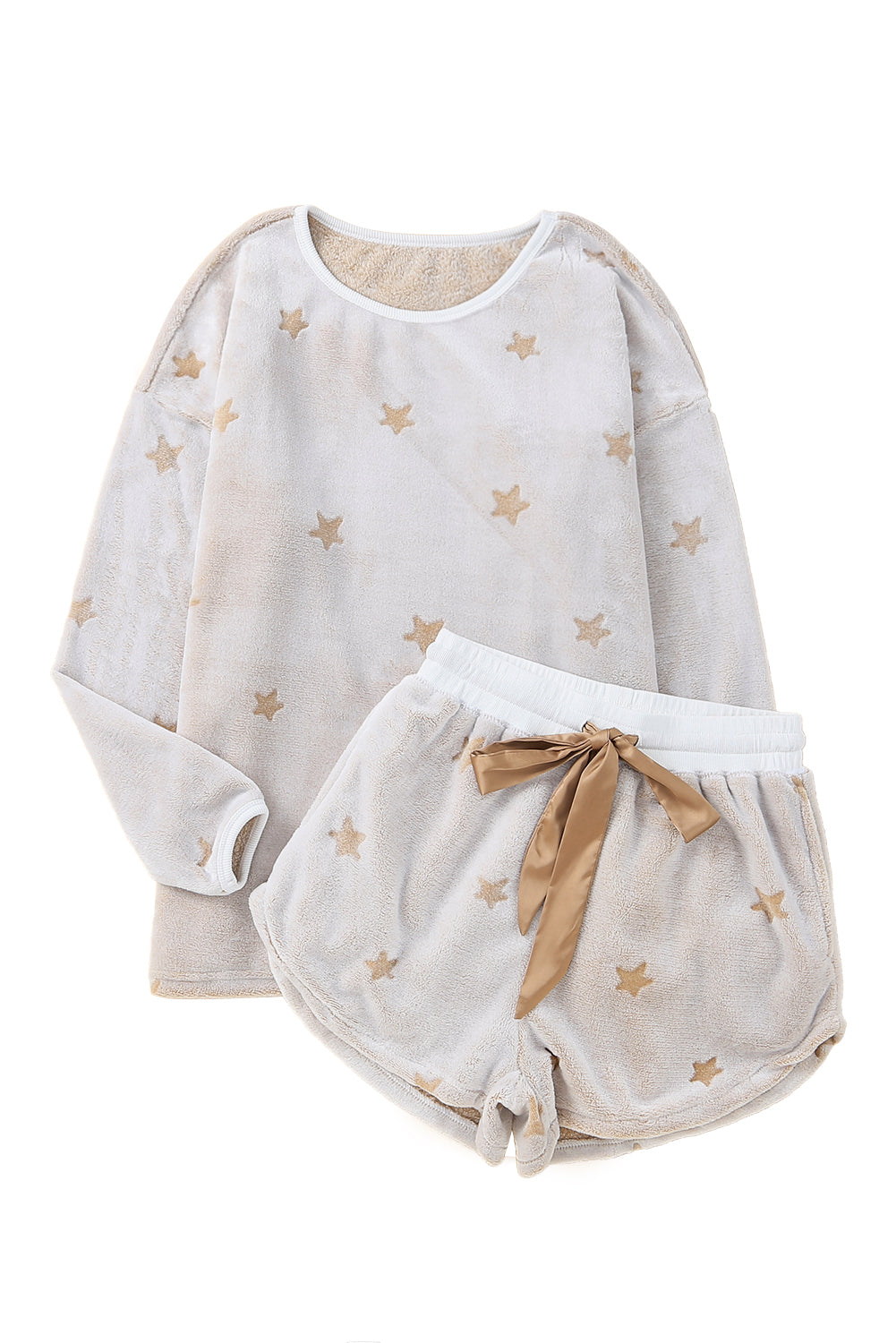 White Plush Star Pattern Long Sleeve Pullover and Shorts Lounge Set